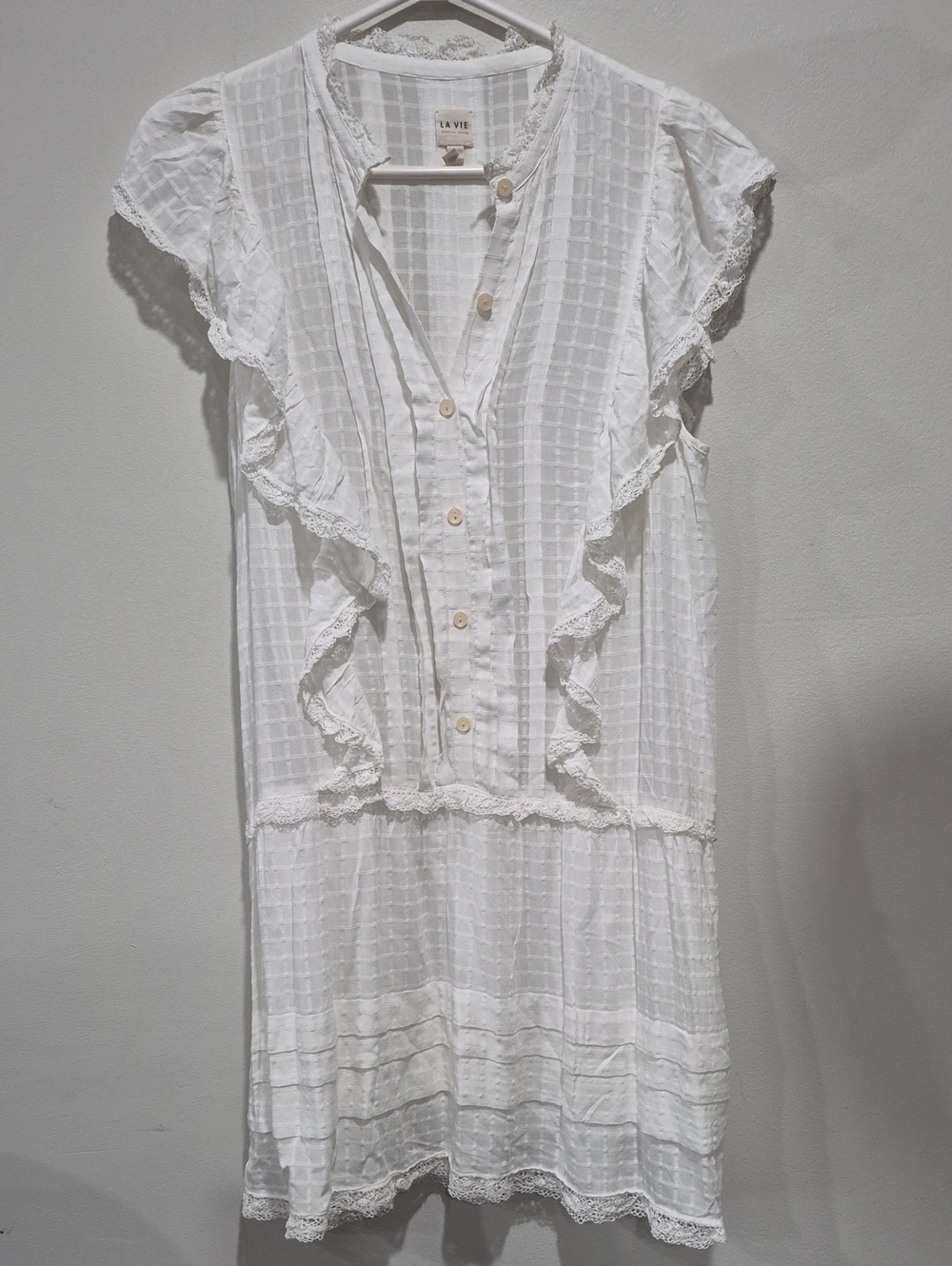LA VIE White Cotton Lace Trim Ruffle Boho Mini Dress XS